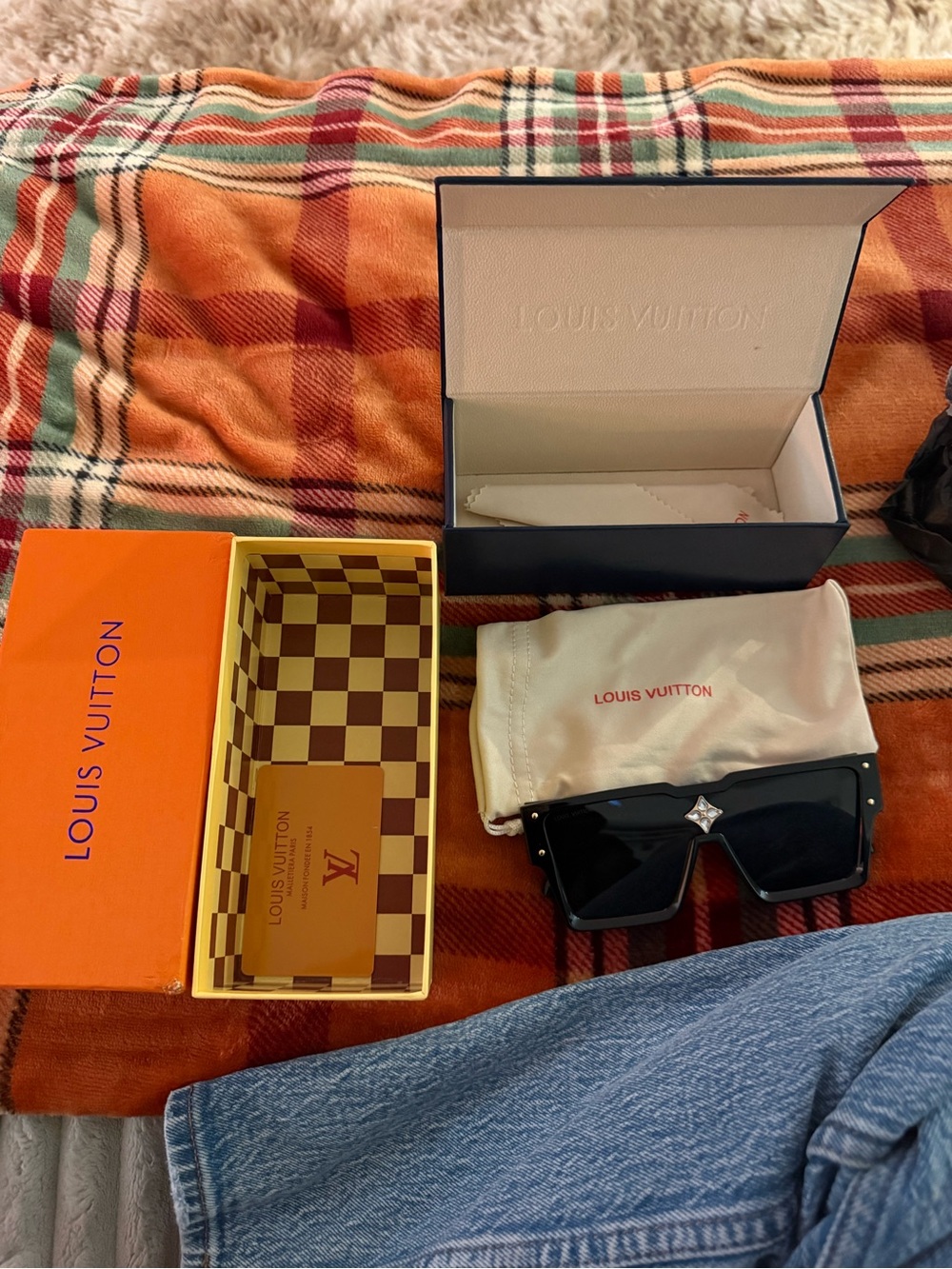 Louis Vuitton Black Shield Sunglasses with Cream Pouch and Orange Box